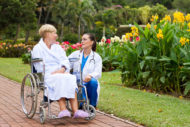 Doctor and patient in hospital garden