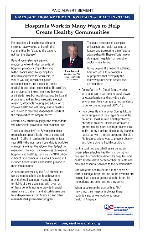 Hospitals Work in Many Ways to Help Create Healthy Communities. Rick Pollack, President and CEO, American Hospital Association.