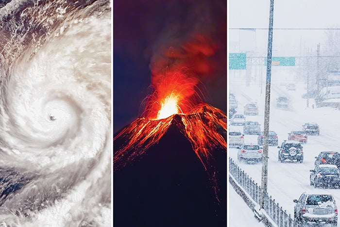 Graphic depicting nature disasters, including hurricane, volcano eruption and blizzard