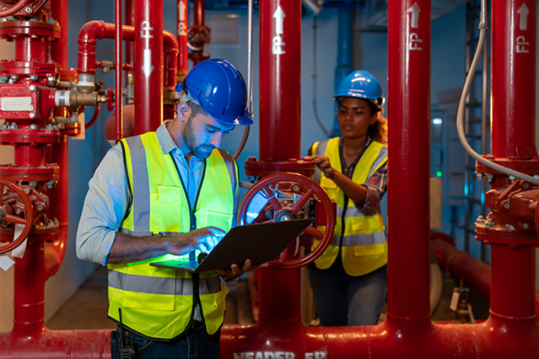 Man and woman check building fire suppression system 