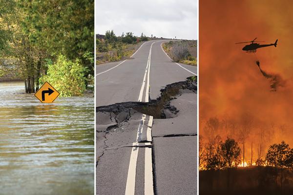 Graphic depicting natural disasters, including flooding, earthquake and fire