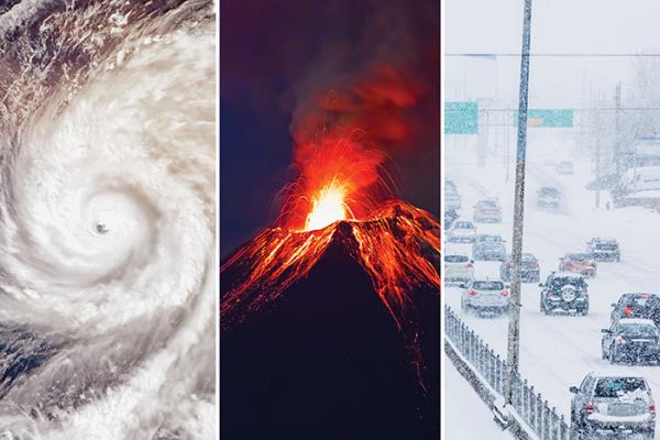 Graphic depicting nature disasters, including hurricane, volcano eruption and blizzard