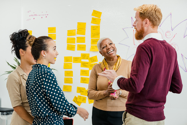 Diverse team of coworkers brainstorming