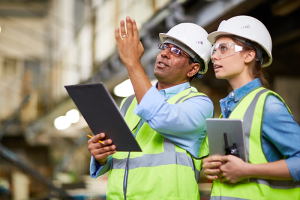 Construction managers looking at building holding tablets