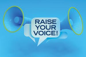 Blue background with two megaphones and the words "Raise your Voice!" 