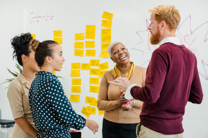 Diverse team of coworkers brainstorming