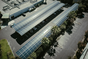 Solar panels above parking lot